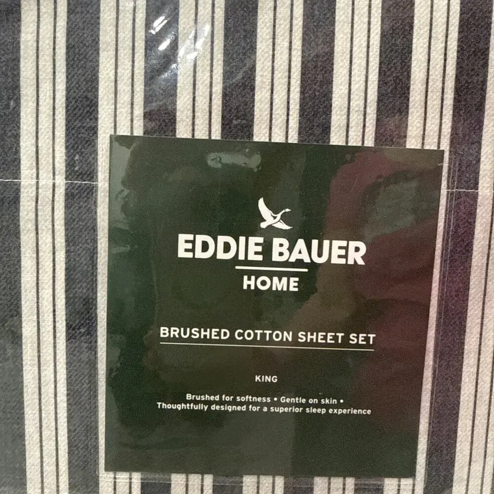 4 pc KING Size Eddie Bauer VINTAGE STRIPE Gray 100% Brushed Cotton Sheet Set NEW